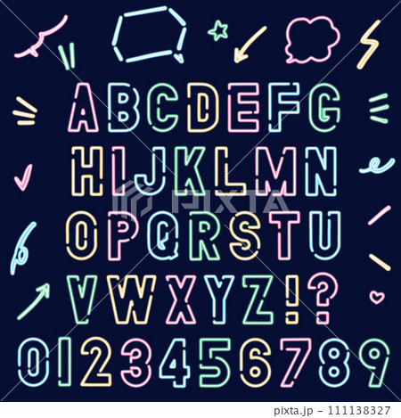 ネオンサインのアルファベットと数字のセット／色変え・線設定変更可能ベクター 111138327