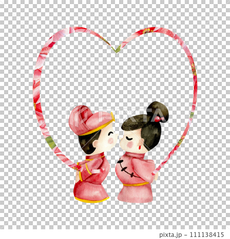 Watercolor Valentines illustration. Chinese, korean bride and groom toys in red dresses with floral heart shape frame background. Lovers couple arrangement for card, wedding, invitation design Watercolor Valentines illustration. Chinese, korean bride and groom toys in red dresses with floral heart shape frame background. Lovers couple arrangement for card, wedding, invitation design 111138415
