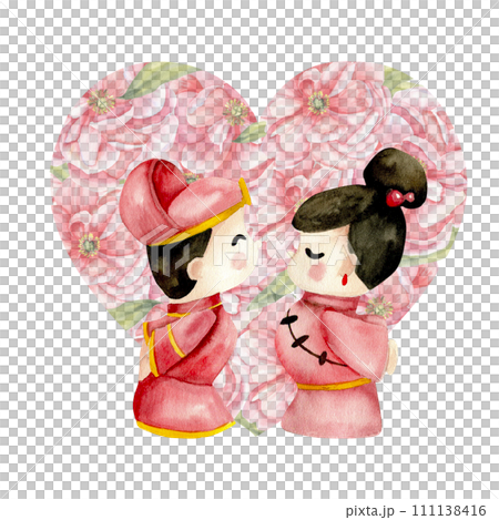 Watercolor Valentines illustration. Chinese, korean bride and groom toys in red dresses with heart shape background. Lovers couple arrangement for card, wedding, invitation design. Watercolor Valentines illustration. Chinese, korean bride and groom toys in red dresses with heart shape background. Lovers couple arrangement for card, wedding, invitation design. 111138416