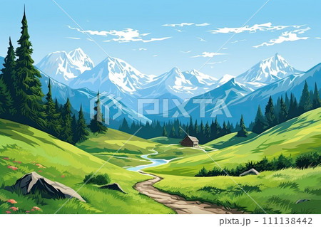 AI-generated content. alm landscape in summer illustration 111138442