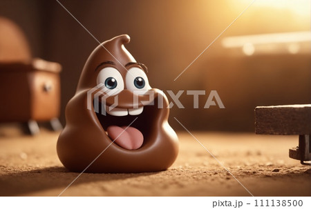 AI-generated content. Animated Poop Emoji in a Dusty Room with Wooden Furniture 111138500