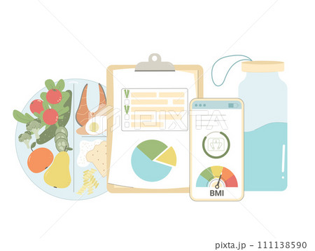 Diet plan for change life. BMI and weight control application. Body mass index and counting calories, water bottle and healthy eating plate isolated on white background. Vector flat illustration Diet plan for change life. BMI and weight control application. Body mass index and counting calories, water bottle and healthy eating plate isolated on white background. Vector flat illustration 111138590