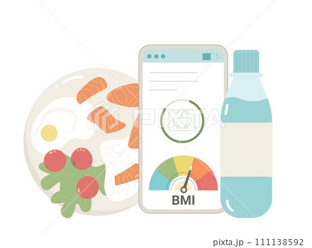 BMI and weight control application and healthy eating habit. Body mass index and counting calories on phone isolated on white background. Vector flat illustration 111138592