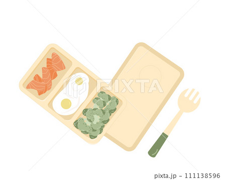Lunchbox healthy food with cutlery. Tableware diet bento box. Plate sector salmon broccoli and eggs with fork. Vector flat illustration. Lunchbox healthy food with cutlery. Tableware diet bento box. Plate sector salmon broccoli and eggs with fork. Vector flat illustration. 111138596