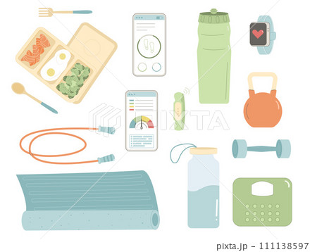 Gym and sport equipment. Healthy lifestyle set. Weight cardio and workout training elements collection. Fitness items. Weight loss control. Vector flat illustration isolated on white background 111138597
