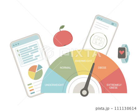 BMI concept. Body mass index and weigh loss method with technology. Pulse and calories count. Vector flat illustration BMI concept. Body mass index and weigh loss method with technology. Pulse and calories count. Vector flat illustration 111138614