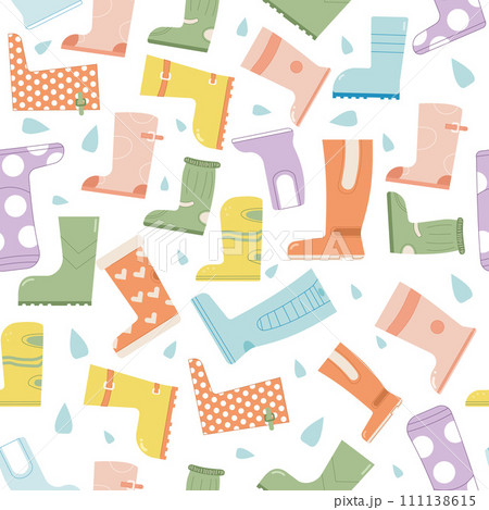 Rubber boots and waters drops seamless pattern. Rainy weather endless background. Autumn and spring cover. Vector flat illustration Rubber boots and waters drops seamless pattern. Rainy weather endless background. Autumn and spring cover. Vector flat illustration 111138615