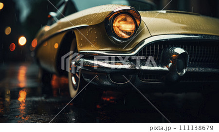Retro car headlights at night during hard rain fall. Retro car headlights at night during hard rain fall. 111138679