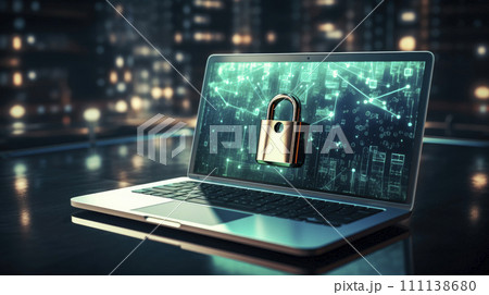 Shiny padlock in front of laptop protecting business and financial data with innovation technology, develop smart solution from digital attack. Shiny padlock in front of laptop protecting business and financial data with innovation technology, develop smart solution from digital attack. 111138680