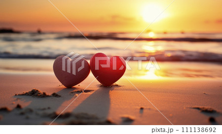 Two red hearts on the tropical beach sand against the background of the ocean on a setting sun. 111138692