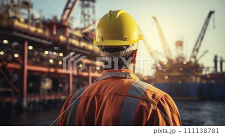 Oil rig worker in orange high visibility vest and yellow helmet standing on offshore platform. Oil rig worker in orange high visibility vest and yellow helmet standing on offshore platform. 111138781