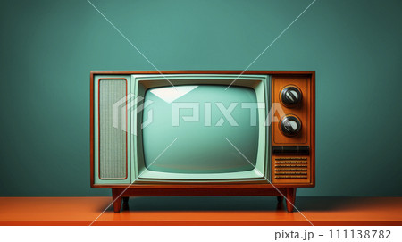 Old vintage retro Television with wooden case on wood table with mint blue background. 111138782