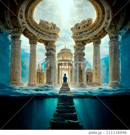 Imaging Construction with columns of lost Atlantida world around ocean water. Lost ancient civilization. paint style. Ai generated 111138846