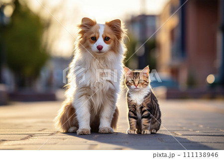 Homeless sad kitten and dog sitting on a street. Concept of protecting homeless animals. 111138946