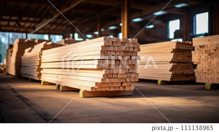 Warehouse for sawing boards on a sawmill indoors. 111138965