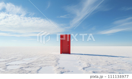A single closed red door standing on a desert. Unusual design concept. 111138977