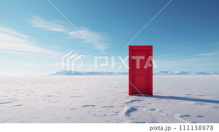 A single closed red door standing on a white desert ground. 111138978