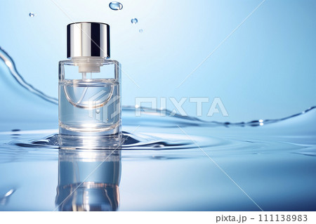 Perfume in a glass bottle on a blue water background. Great advertising poster for promoting a new fragrance. Perfume in a glass bottle on a blue water background. Great advertising poster for promoting a new fragrance. 111138983
