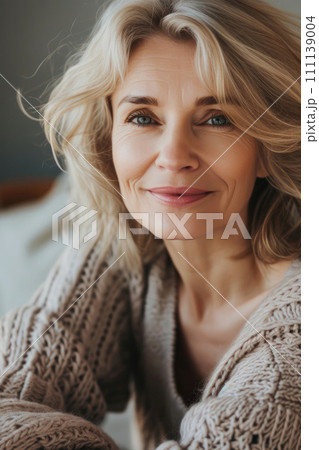 AI-generated content. Ai generated. Illustration. A middle-aged woman with natural makeup 111139004