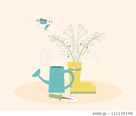 Rubber boot with flowers bouquet, watering can and gardening trowel. Vector illustration 111139149