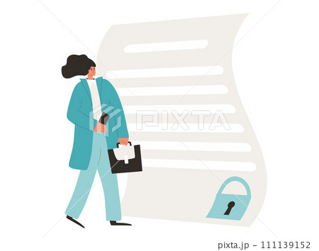 Non disclosure agreement. NDA concept. Confidentiality contract between employee and employer. Woman signing business confidentiality paper with her phone. Vector modern flat illustration 111139152