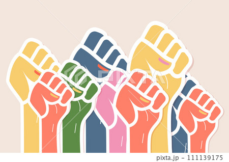 Hands with fists stickers group. Power movement symbol. Strong hands together. Vector flat illustration 111139175