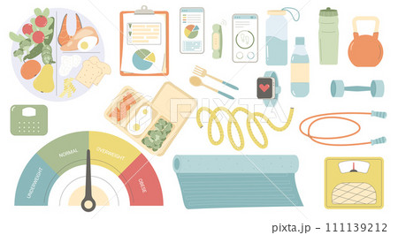 Healthy eating plate, sport and body mass index set isolated on white background. Sport and diet plan elements collection. Weight loss control with fitness and meal. Vector flat illustration 111139212