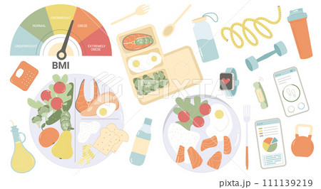 Healthy lifestyle set. Sport and diet plan elements collection. Food body mass index. Weight loss control. Vector flat illustration isolated on white background 111139219