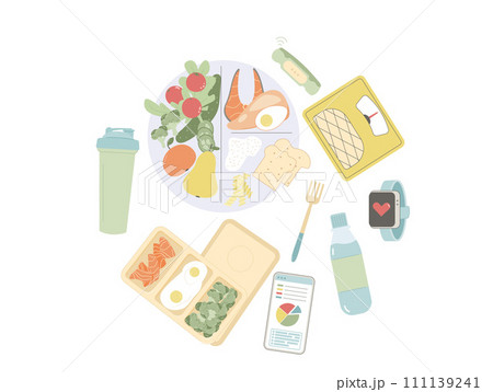 Healthy eating plate circle composition. Diet meal plan. Food body mass index. Weight loss control round emblem. Vector flat illustration isolated on white background Healthy eating plate circle composition. Diet meal plan. Food body mass index. Weight loss control round emblem. Vector flat illustration isolated on white background 111139241