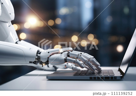 Robot hands using laptop computer, artificial intelligence digital futuristic technology concept . 111139252