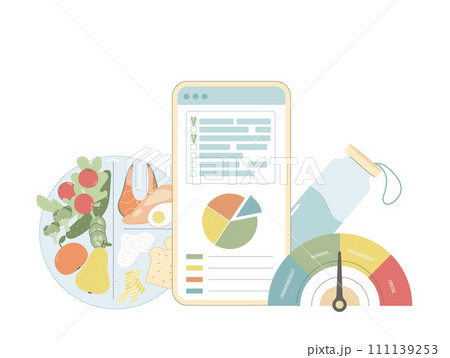 Healthy lifestyle concept. Healthy eating plate, body mass index. Calories counting and ratio of nutrients. Weight loss control. Vector flat illustration isolated on white background Healthy lifestyle concept. Healthy eating plate, body mass index. Calories counting and ratio of nutrients. Weight loss control. Vector flat illustration isolated on white background 111139253