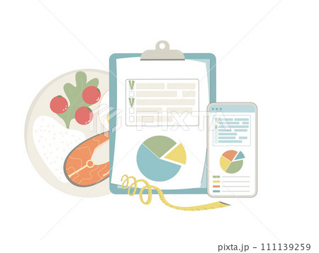 Diet plan. Nutrient counting checklist program. Healthy food meal tracking concept. Weight loss control. Vector flat illustration isolated 111139259