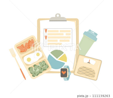 Wellbeing diet plan and fitness training schedule program. Healthy eating and sport. Nutrient counting checklist. Meal and activity tracking concept. Weight loss control. Vector flat illustration 111139263