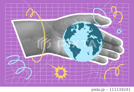 International education banner. Planet Earth in collage hands in retro style with doodle element. Global and worldwide learning. Vector illustration 111139281