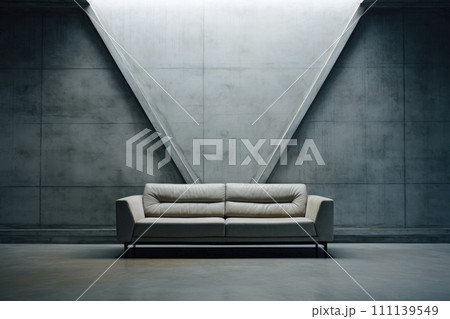 Modern sofa in an empty room with straight corners and edges, brutalist concrete abstract interior building. 111139549