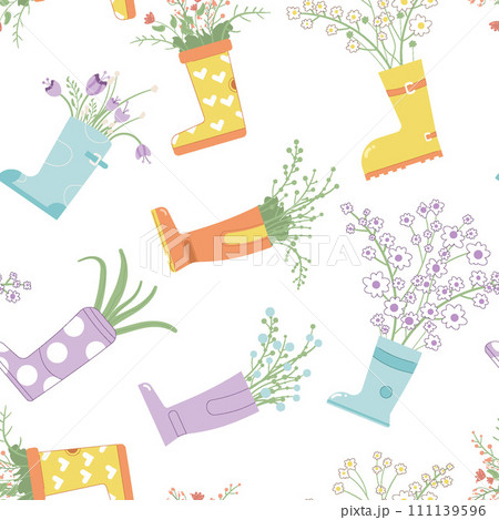 Rubber boot with flowers bouquet seamless pattern. Gardening spring endless background. Floral composition in waterproof shoes cover. Vector flat illustration 111139596