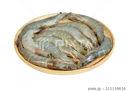 shrimp raw with wooden plate isolated 111139616