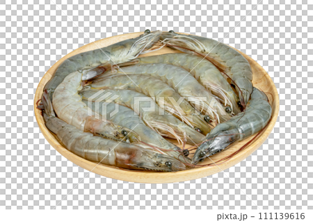 shrimp raw with wooden plate isolated 111139616