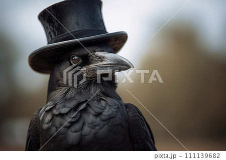 Black intelligent crow with hat, close-up view. Black Raven Wearing Top Hat. 111139682