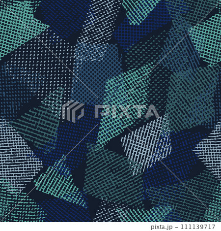 Seamless blue camouflage pattern with random scattered overlapping tulle pieces, patches. Mesh structure. Random composition. For apparel, fabric, textile, sport goods Grunge texture. Not AI 111139717