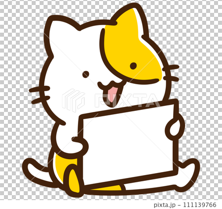 Deformed illustration of a cute cat character showing a white paper 111139766