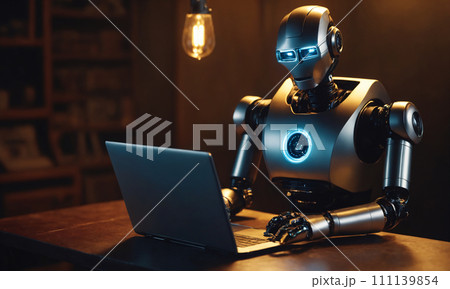 AI-generated content. AI Robot Working on a Laptop in Dim Light 111139854