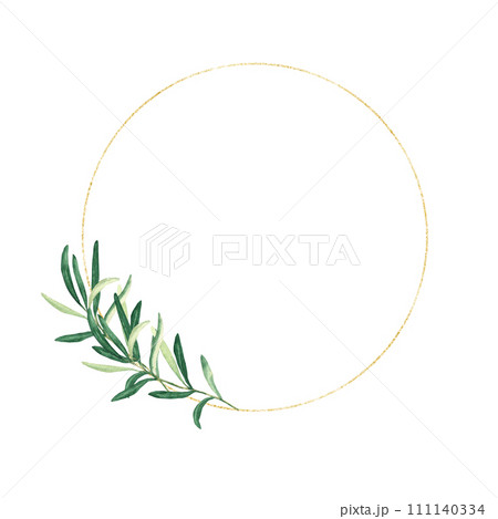 Golden circle frame, wreath with olive branch isolated on white background. For wedding stationery, invitations, save the date, greeting card, logos. Golden circle frame, wreath with olive branch isolated on white background. For wedding stationery, invitations, save the date, greeting card, logos. 111140334
