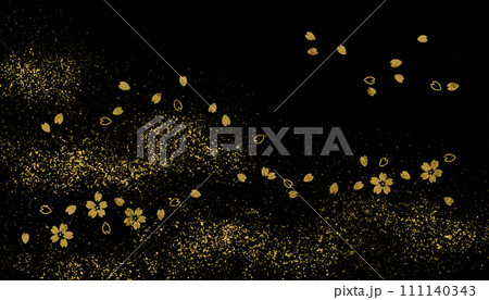 黒漆風の背景に金箔の桜と金砂子、和風の伝統工芸「蒔絵」のイメージ 111140343