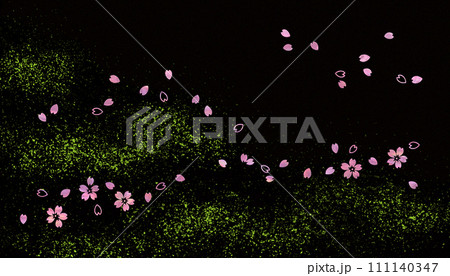 黒漆風の背景に螺鈿の桜と色砂子、和風の伝統工芸「蒔絵」のイメージ 黒漆風の背景に螺鈿の桜と色砂子、和風の伝統工芸「蒔絵」のイメージ 111140347