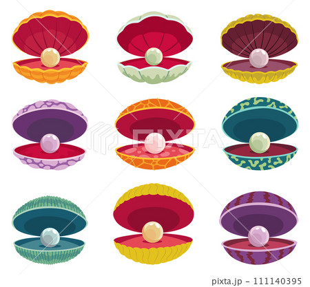 Pearls in seashell. Open seashells scallop and pearl shell icons set in various form and colors. Beautiful pearls in clam shells in cartoon flat style. Vector illustration isolated on white background 111140395