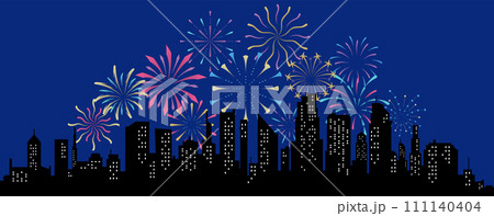 Fireworks displaying in dark evening sky and celebrating holiday against city buildings. Festival celebration, pyrotechnics show at night scene. Flat cartoon colorful vector illustration 111140404