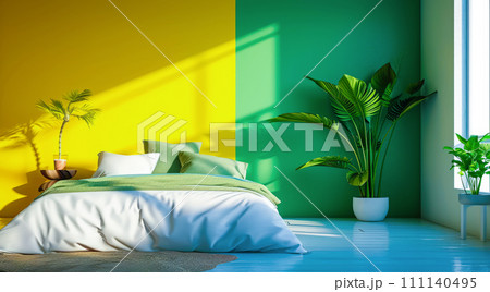 Vibrant bedroom in urban modern condo painted in bright colors with minimalistic approach 111140495