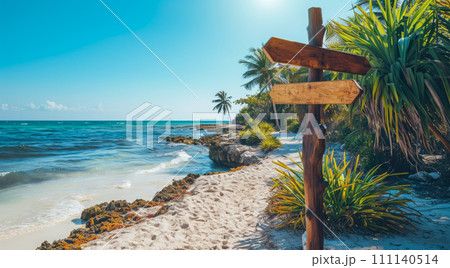 Sign pointing to the direction of vacation destination with scenic beach and ocean Sign pointing to the direction of vacation destination with scenic beach and ocean 111140514