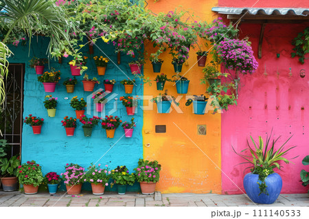 Typical architecture of Mexican colonial colorful houses in historic city center Typical architecture of Mexican colonial colorful houses in historic city center 111140533
